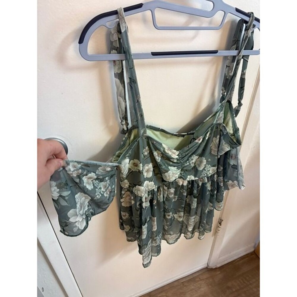 Current Mood Sage Green Floral Mesh Cold-Shoulder Top